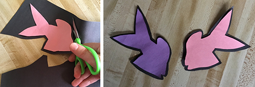 Left: Pink fish on black construction paper being cut out; Right: Purple and pink fish shapes cut out with black borders