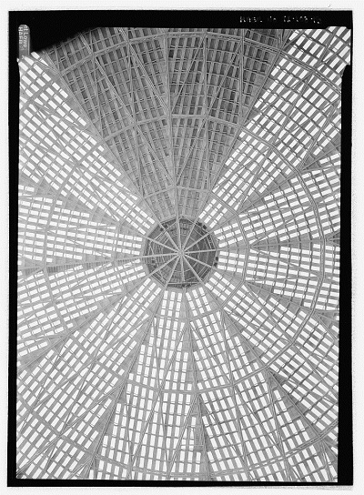 Jet Lowe, Lamella Dome Framing Detail. Note Catwalk at 12 O'Clock and Suspended Pentagonal Light Right Gondola. Also Note Compression Ring at Crown of Dome.—Houston Astrodome, 8400 Kirby drive, Houston, Harris County, Texas, Library of Congress, Prints and Photographs Division, HAER TX-108-15