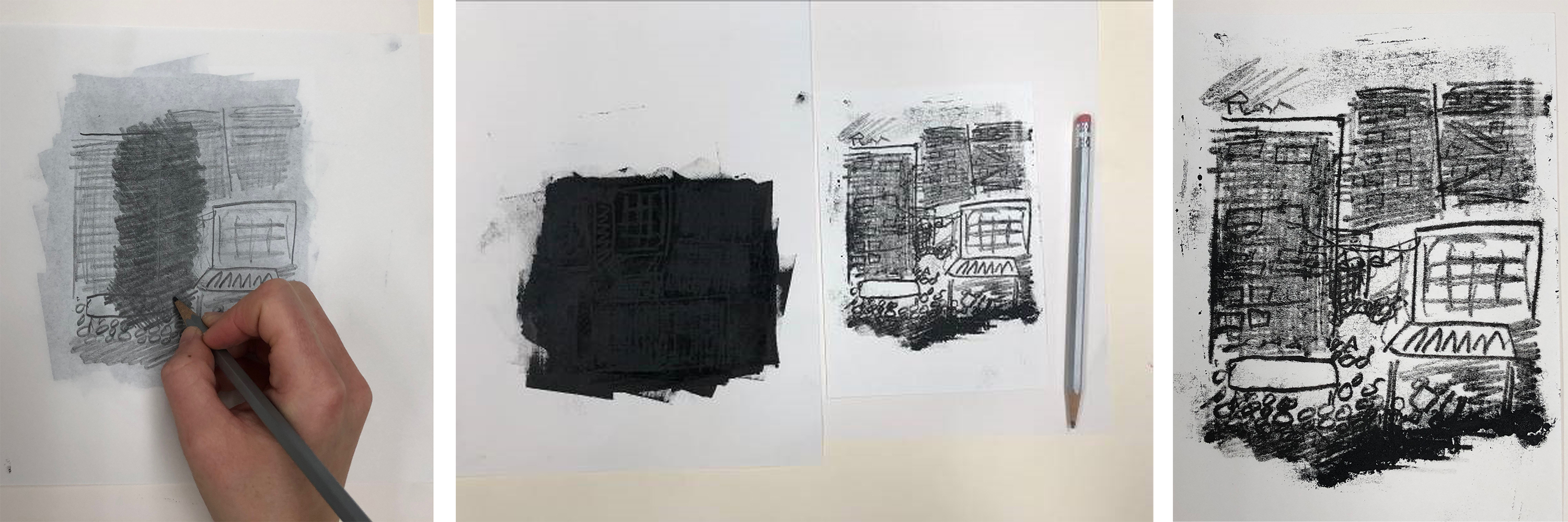 From left: Image drawn freehand over inked matrix; Ink (areas transferred are visible) and resulting image; Detail of line quality