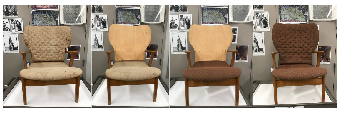 Ilmari Tapiovaara, Annikki Tapiovaara, Keravan PuuteoIlisuus, Domus armchair (left: original upholstery; right: reproduced upholstery), 1946, Los Angeles County Museum of Art, gift of the 2017 Decorative Arts and Design Acquisition Committee (DA2), photos © Museum Associates/LACMA Conservation, by Staphany Cheng