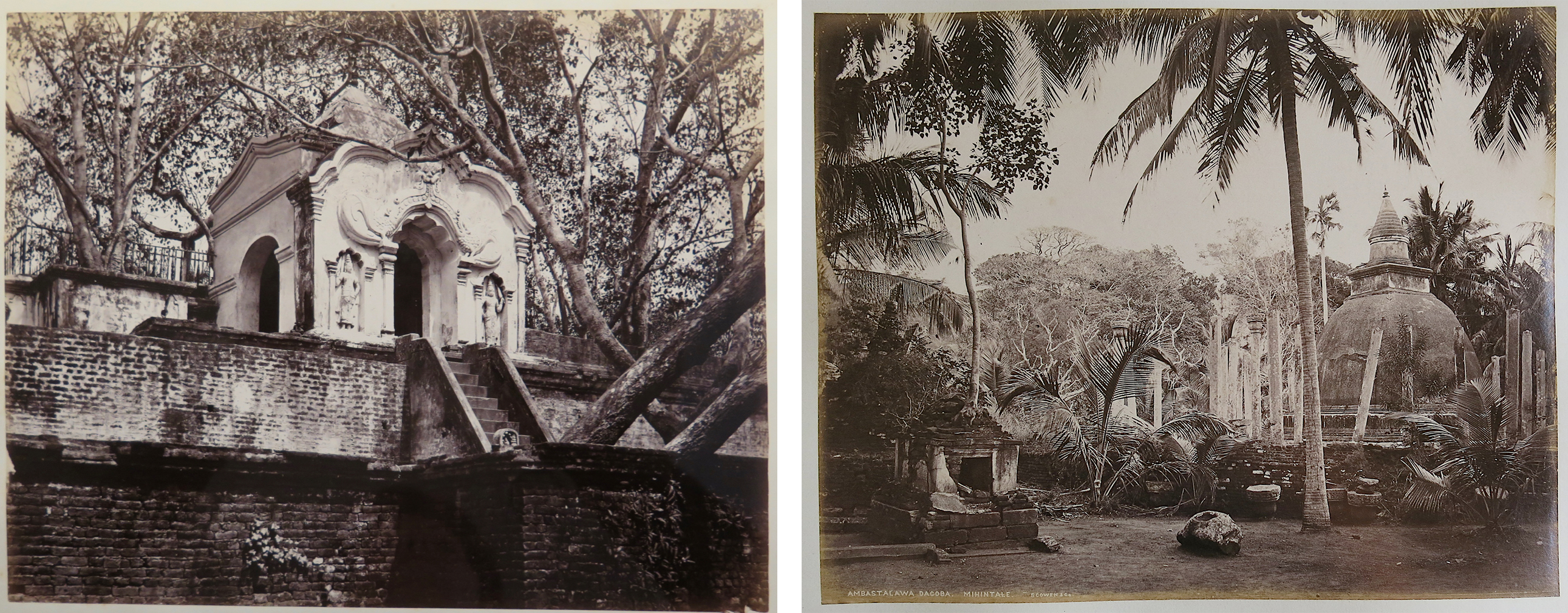 Left: Charles T. Scowen & Co., Gateway on the West Side of the Sacred Bo Tree Enclosure, Sri Lanka, Anuradhapura, c. 1880–90, Collection of Catherine Glynn Benkaim and Barbara Timmer, photo courtesy of the lender; Right: Charles T. Scowen & Co., Ambastalawa [Ambasthala] Dagoba, Mihintale, Sri Lanka, Mihintale, c. 1880, Collection of Catherine Glynn Benkaim and Barbara Timmer, photo courtesy of the lender