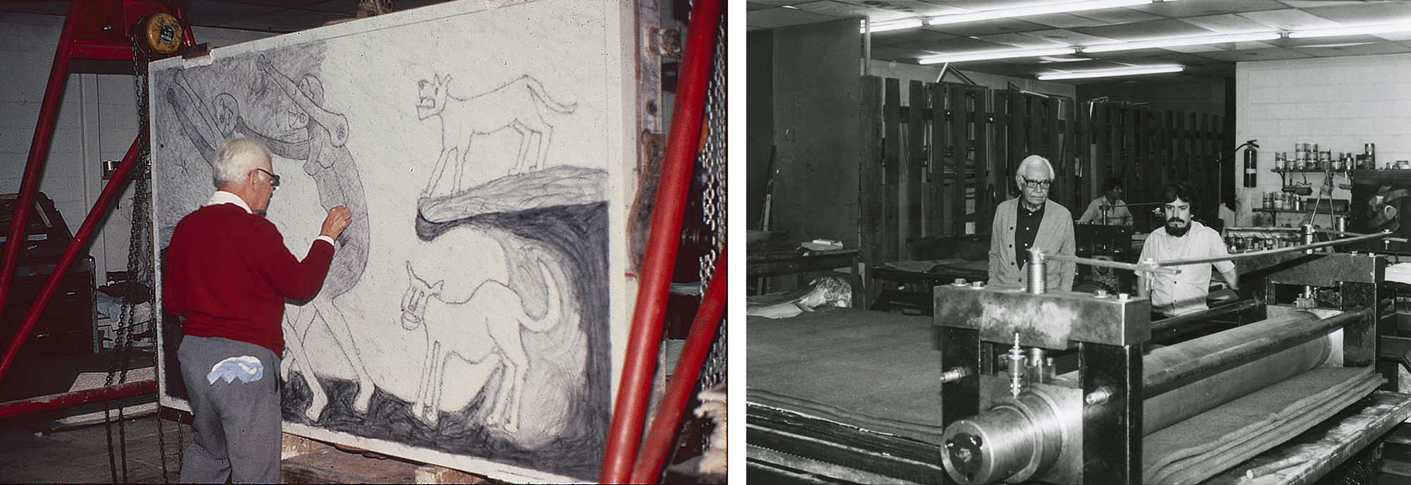 Left: Tamayo and the lithographic stone, art © 2020 Tamayo Heirs/Mexico/Artists Rights Society (ARS), New York, photo © Shaye Remba, courtesy of Mixografía®; Right: The printing press at Taller Gráfia Mexicana, photo © Shaye Remba, courtesy of Mixografía®