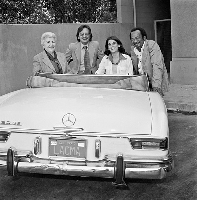 Unknown Betty Asher, Maurice Tuchman, Stephanie Barron, and Cecil Fergerson in Tuchman's Mercedes, December 1977 United States Black and white photograph Los Angeles County Museum of Art Photography Archives. Photo © 2008 Museum Associates/LACMA. Archives Documentary Photos.010 LACMA Archives Photographs