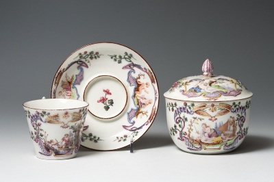 Cup and Saucer, and Sugar Box, c. 1746–1748, Vincennes Porcelain Manufactory, France, 1740–1756, soft-paste porcelain with glaze and enamel