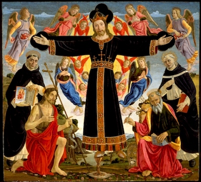 Master of the Fiesole Epiphany, Christ on the Cross with Saints Vincent Ferrer, John the Baptist, Mark and Antoninus, c. 1491–95, gift of the Ahmanson Foundation
