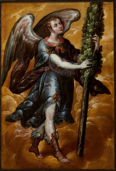 Juan Correa, Mexico, Angel Carrying a Cypress (Ángel portando un ciprés), c.irca 1670-–1690, oil on canvas, 160 × 107.95 × 2.54 cm. Los Angeles County Museum of Art, oil on canvas, 160 x 107.95 cm