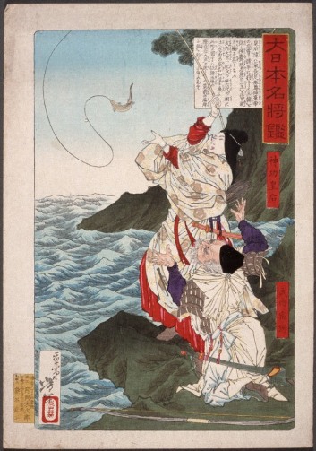Tsukioka Yoshitoshi, Empress Jingū and Takenouchi no Sukune Fishing at Chikuzen, from the series A Mirror of Great Warriors of Japan, c. 1876, Herbert R. Cole Collection 