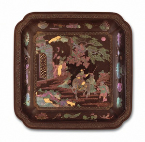 Square Dish (Die) with Figure on Horse China, Chinese, Qing dynasty, Kangxi period, 1662-1722 Black lacquer on wood core with shell and gold leaf inlay Gift of Miss Bella Mabury (M.39.2.569.1)