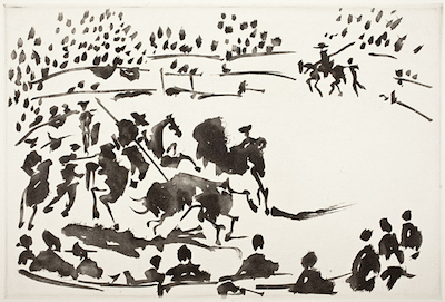 El Picador obligando al toro con su pica (The PIcador forcing the bull with his lance) from La Tauromaquia, 1959. Aquatint, 13 5/16 x 19 1/2 in. Gift of Mr. and Mrs. David Gensburg