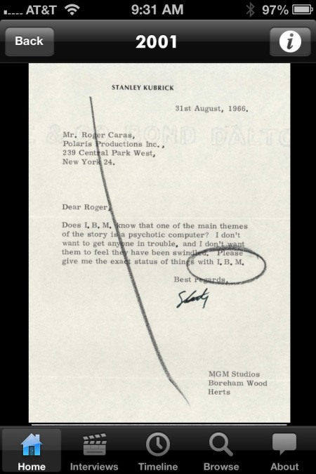 Letter, courtesy of the Stanley Kubrick Archive at the University of the Arts, London.