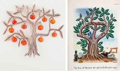 Left: Frederick Walter Davis, "Tree Brooch," 1945, silver and Mexican opal, gft of Penny Morrill, McLean, Virginia; Right: Miguel Covarrubias, "The Tree of Modern Art—Planted 60 Years Ago," Vanity Fair, May 1933, © Miguel Covarrubias Estate, photo © 2013 Museum Associates/LACMA
