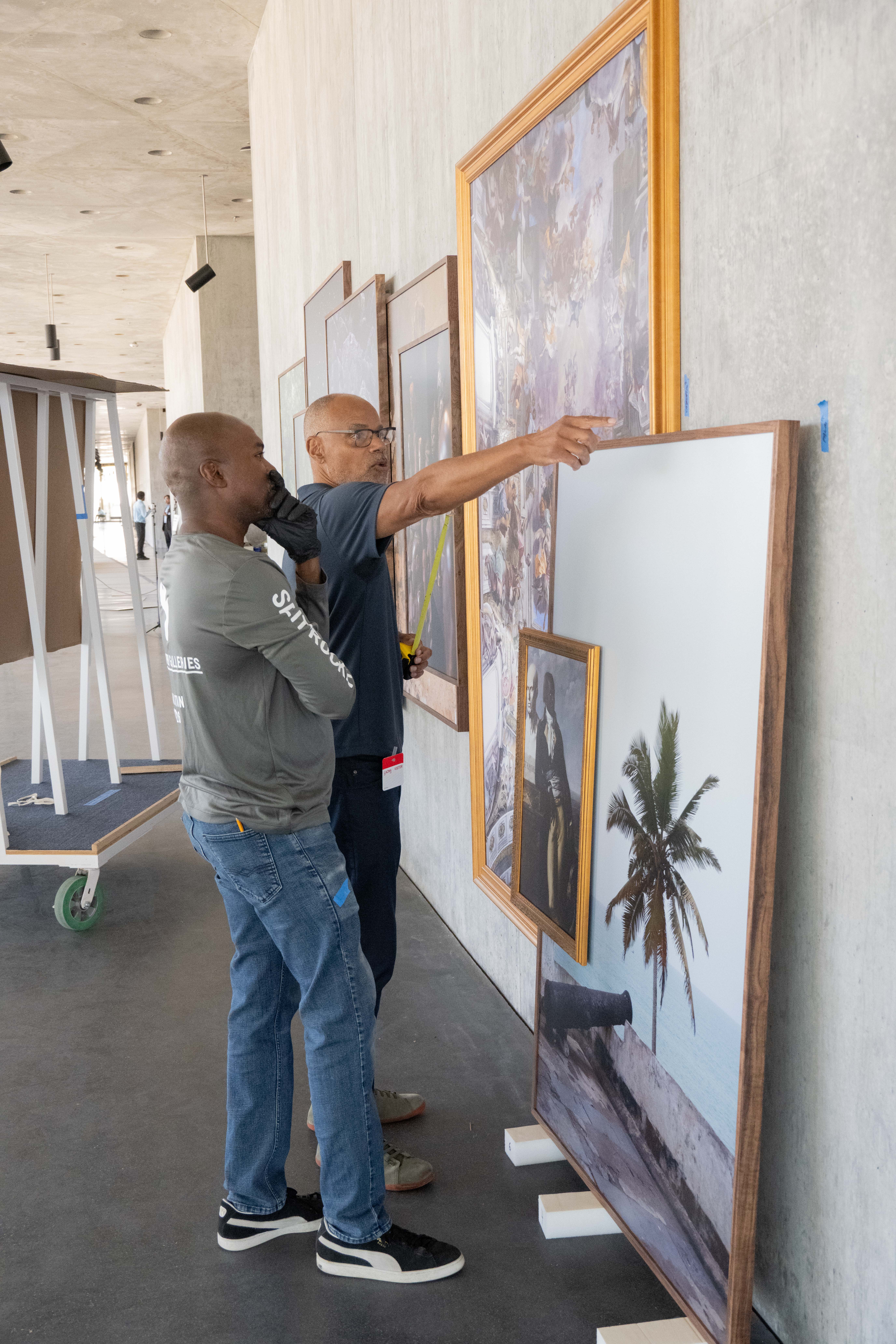 Todd Gray and LACMA art preparator Michael Price during the installation of Octavia's Gaze, 2025, Los Angeles County Museum of Art, gift of the 2024 Collectors Committee, photo © Museum Associates/LACMA