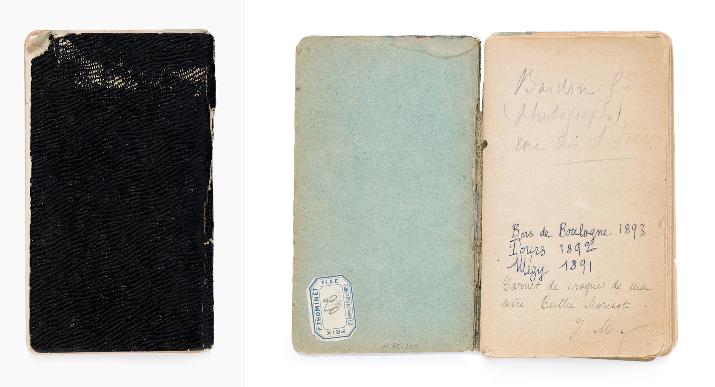 Both: Berthe Morisot, Sketchbook, c. 1891–93, Los Angeles County Museum of Art, gift of Ray and Frances Stark, photo © Museum Associates/LACMA. Left: Outside cover; Right: Inside cover with annotation