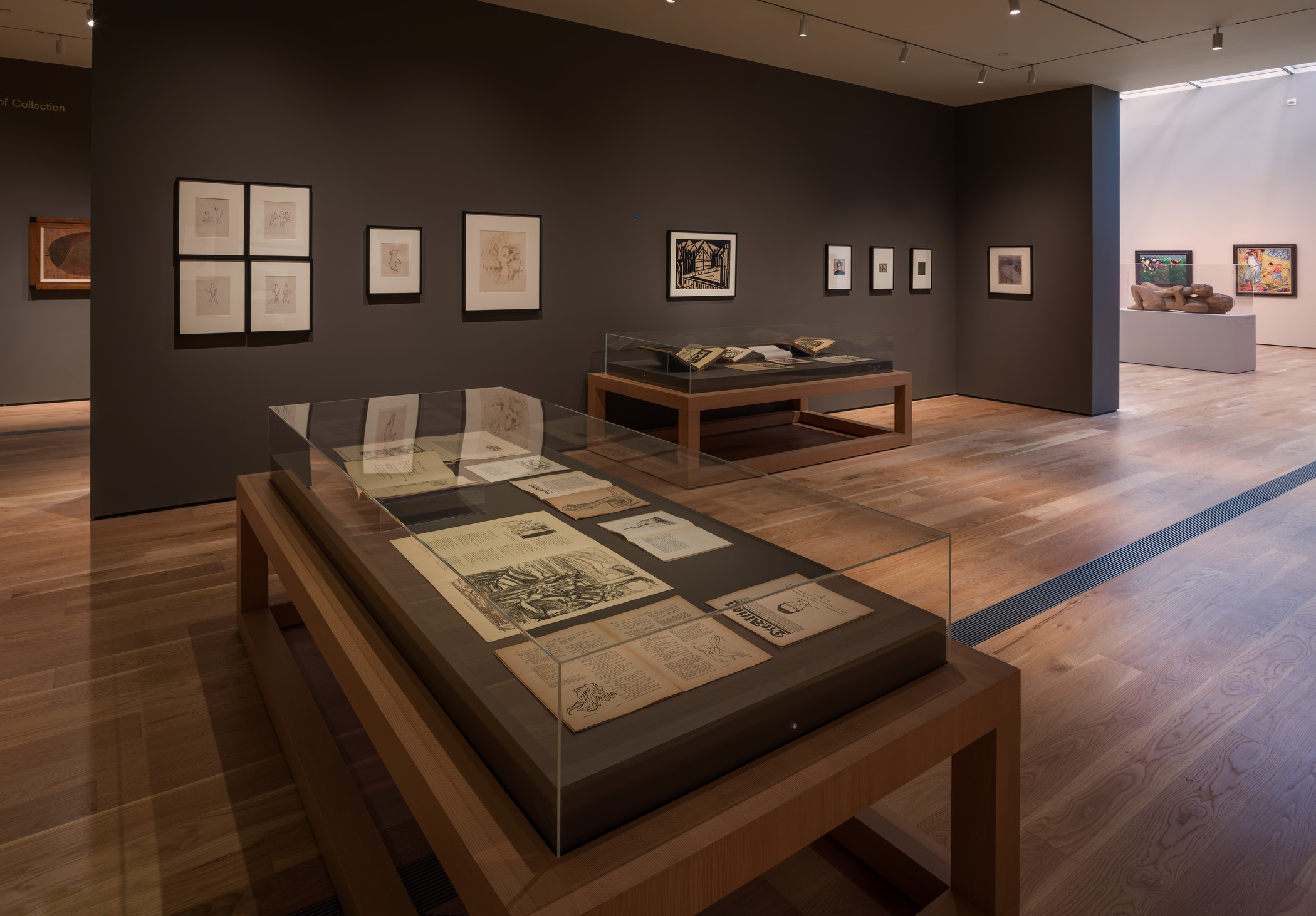 Gallery with prints and vitrines