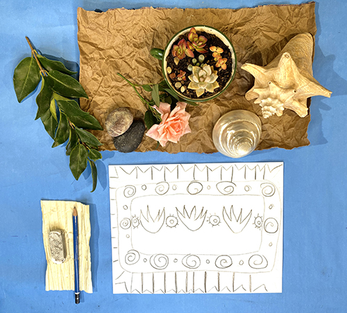 plants and shells for inspiration laid out on top of brown paper grocery bag