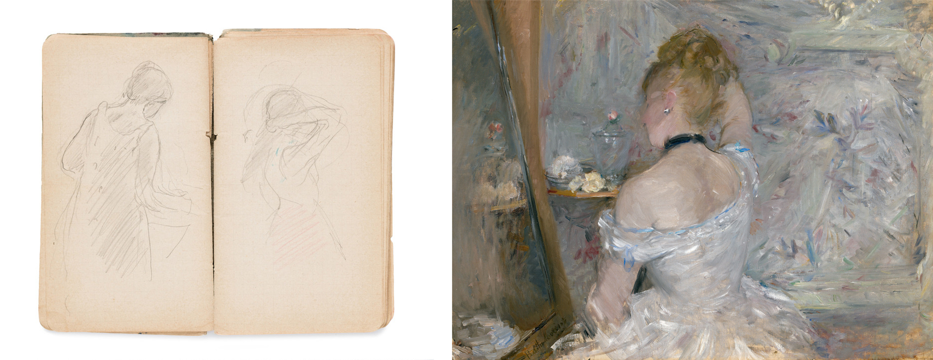 Left: Berthe Morisot, Sketchbook, c. 1891–93, Los Angeles County Museum of Art, gift of Ray and Frances Stark, photo © Museum Associates/LACMA; Right: Berthe Morisot, Woman at Her Toilette, 1870–80, Art Institute of Chicago, Stickney Fund, photo © Art Institute of Chicago