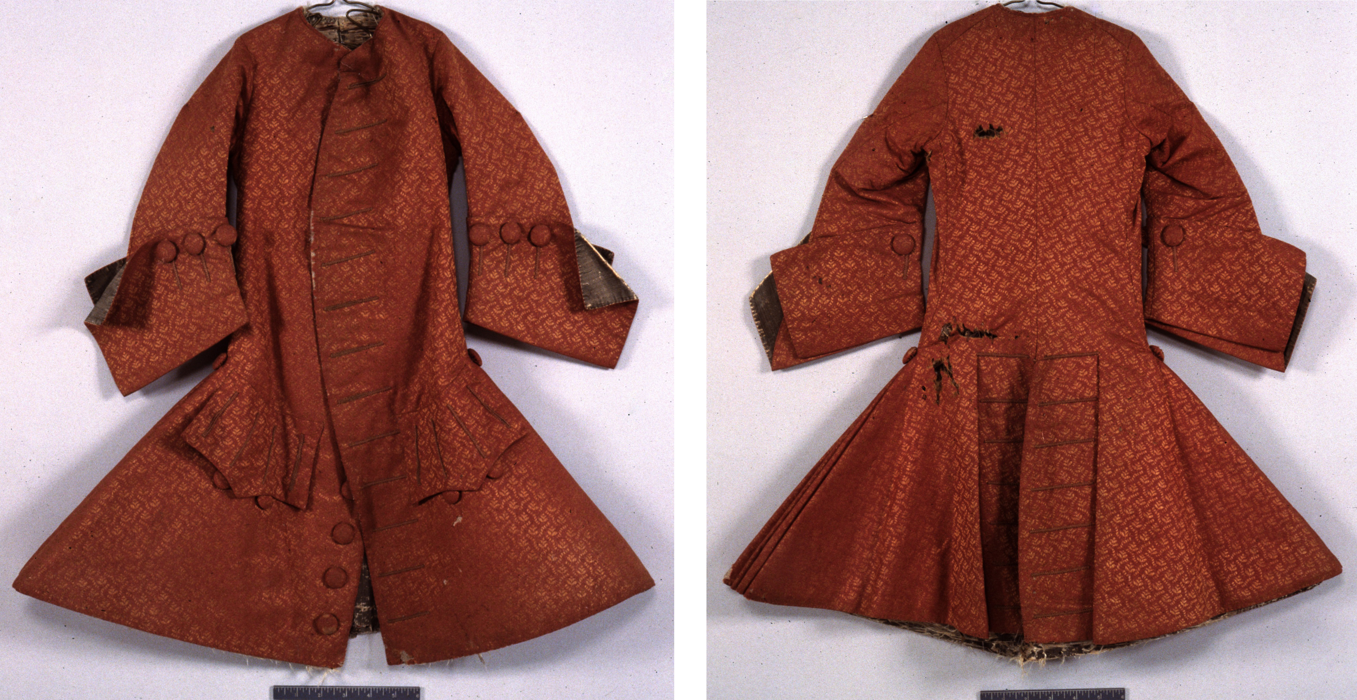 (Before conservation—Left: front; Right: back) Boy’s Coat, Italy, 1720–30, Los Angeles County Museum of Art, gift of Sanford and Mary Jane Bloom, photos by Catherine McLean