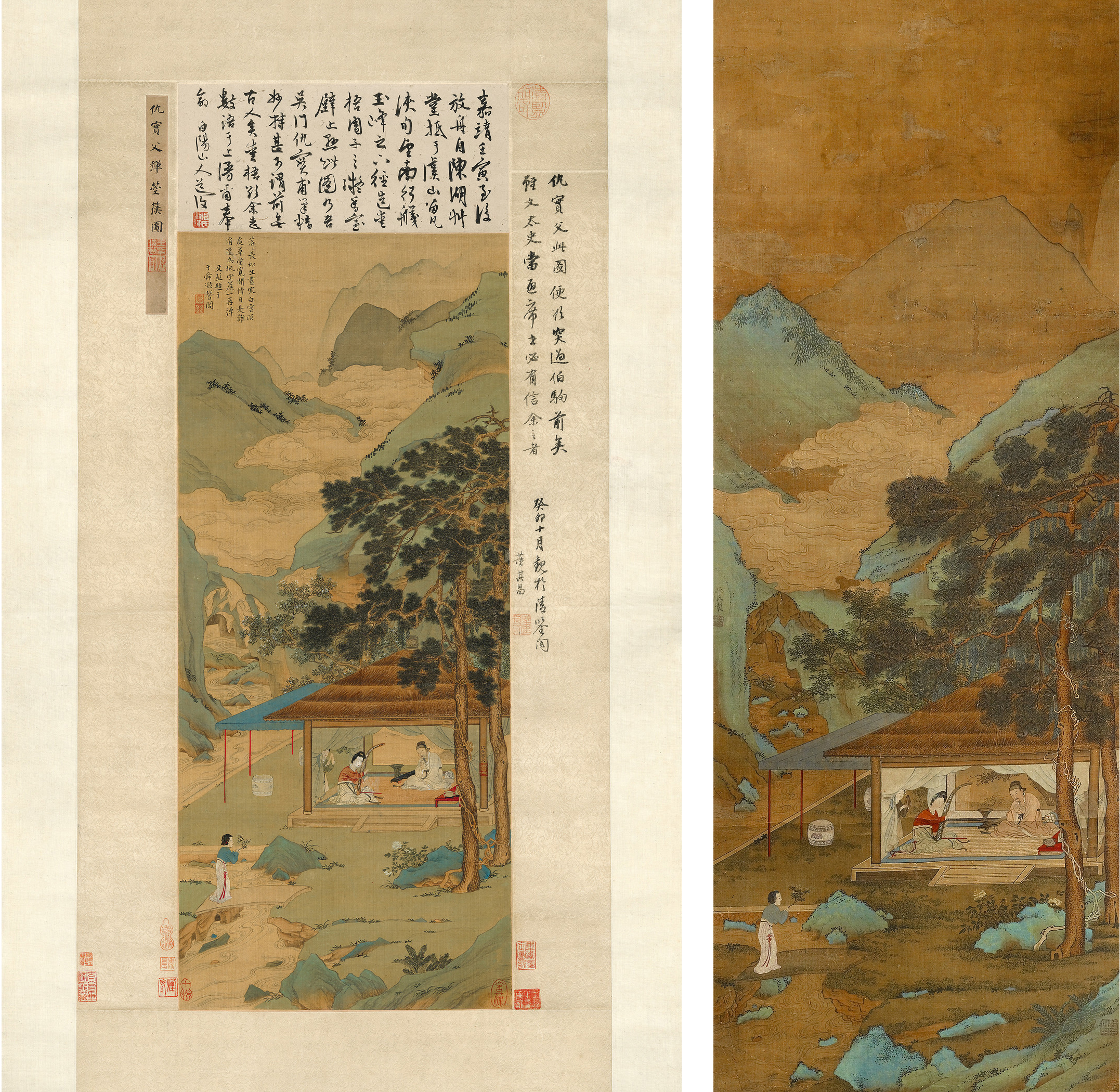 Left: Qiu Ying, Harp Player in a Pavilion, Ming dynasty, c. 1530–35, Museum of Fine Arts, Boston, Special Chinese and Japanese Fund, photography © Museum of Fine Arts, Boston; Right: Qiu Zhu, Playing the Harp, after Qiu Ying, Ming dynasty, mid-16th century, The Walters Art Museum, Baltimore, 35.38, photo courtesy the Walters Art Museum