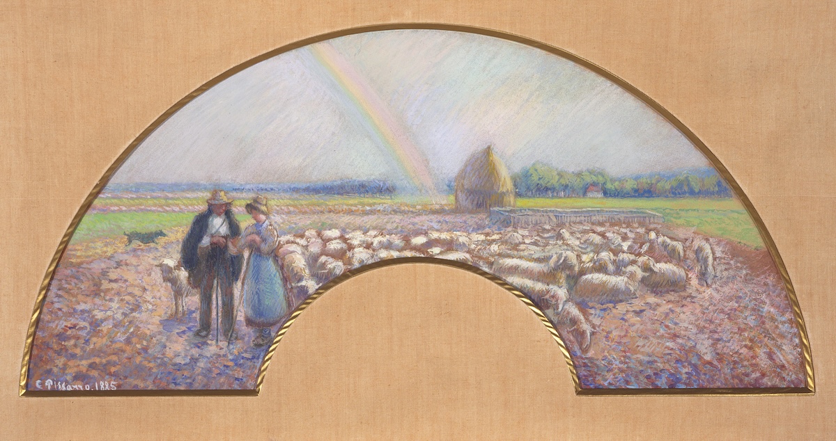 Camille Pissarro, Shepherds in the Fields with Rainbow, 1885, Los Angeles County Museum of Art, gift of Arnold S. Kirkeby, photo © Museum Associates/LACMA Two people in a field with sheep