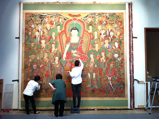 Dr. Park Chisun and her team conserving Yeongsanhoesangdo at LACMA in March 2012