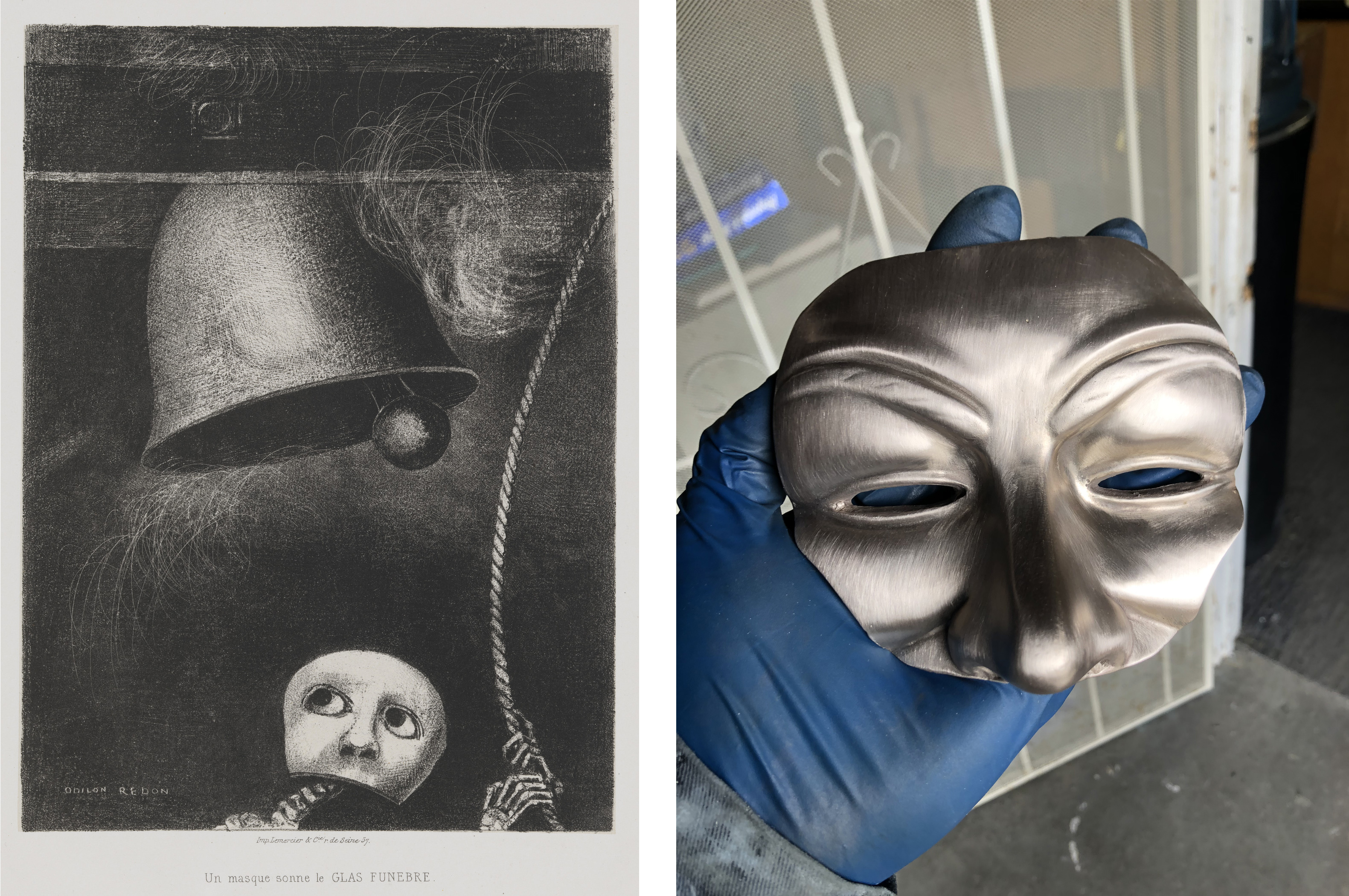 Left (LACMA Selection): Odilon Redon, Un masque sonne le glas funèbre (A Mask Sounds the Death Knell) from the portfolio À Edgar Poe (To Edgar Poe), 1882, Los Angeles County Museum of Art, Wallis Foundation Fund in memory of Hal B. Wallis, photo © Museum Associates/LACMA; Right (Artist work): Ethan Tate, Untitled, 2020, photo courtesy of the artist