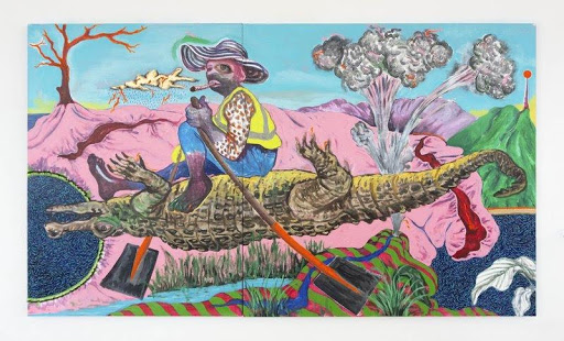 Simphiwe Ndzube, Bhekizwe, The Alligator Rider, 2020, Los Angeles County Museum of Art, purchased with funds provided by AHAN: Studio Forum, 2020 Art Here and Now purchase, © Simphiwe Ndzube, photo by Lee Tyler Thompson, courtesy Nicodim Gallery, Los Angeles