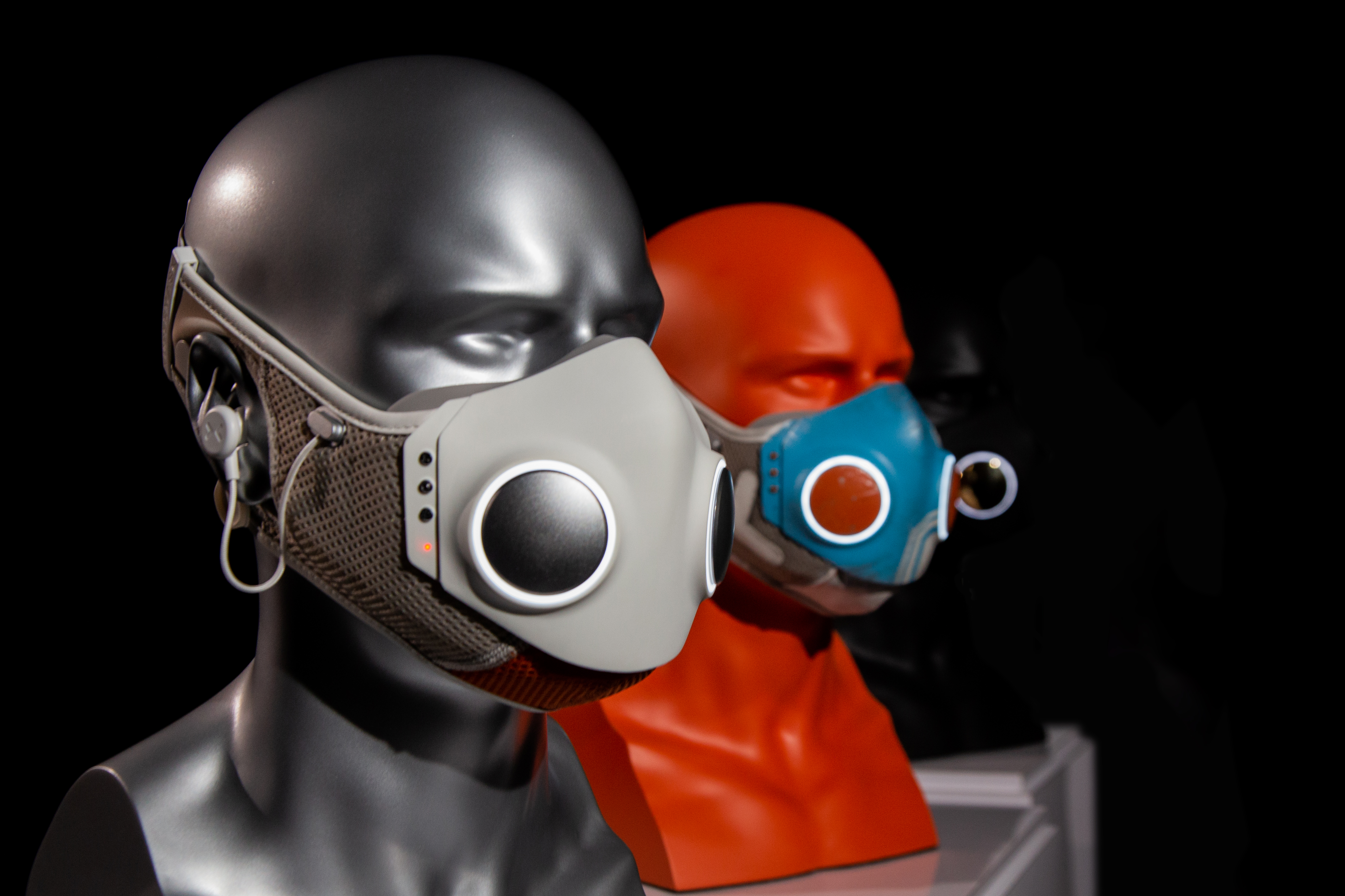 Mannequin heads with futuristic face masks 