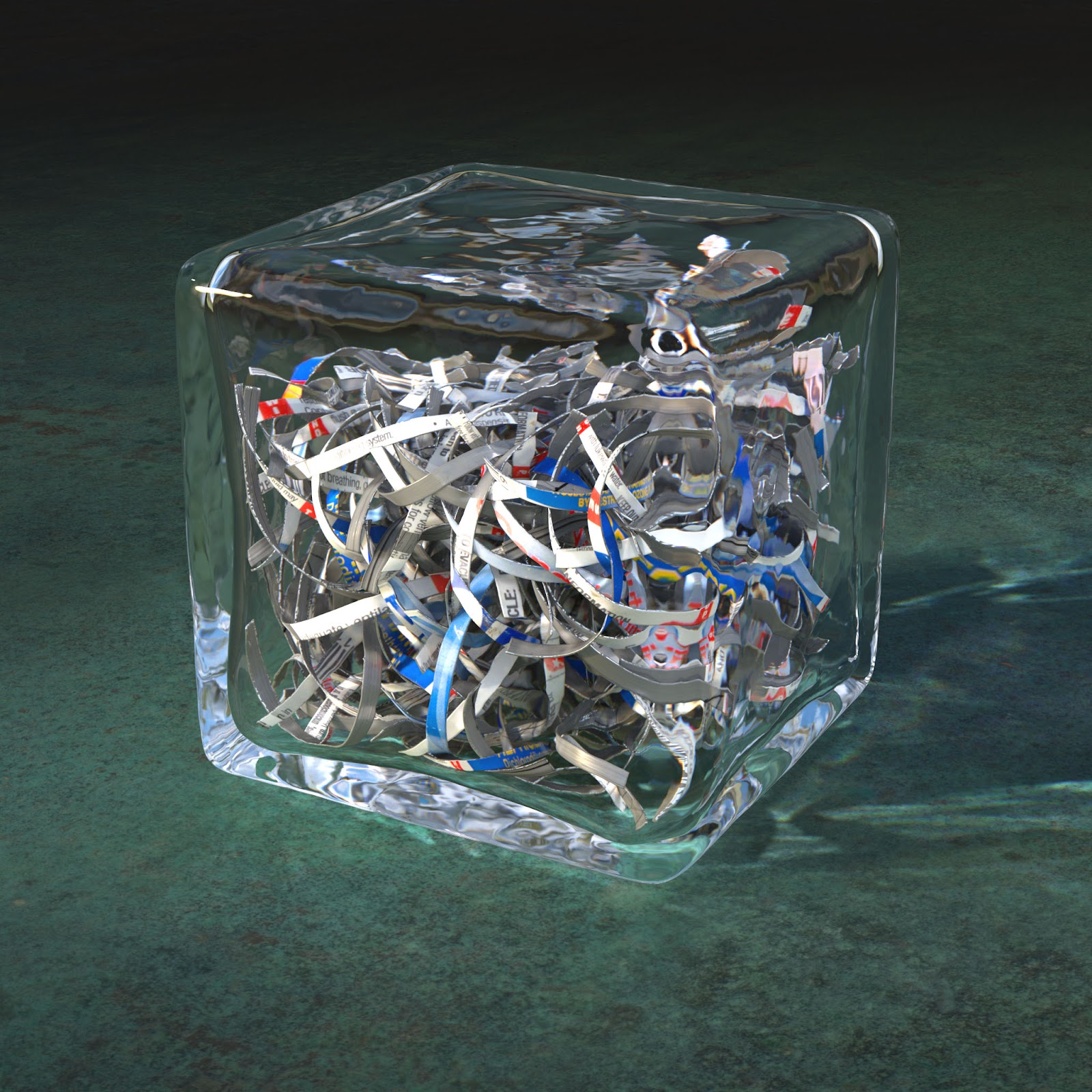 Photorealistic render of a glass block with thick and imperfect walls, mostly filled with spiraling white and blue metal strips. Caustics and refraction scatter light through the block and onto a floor like rusted copper.