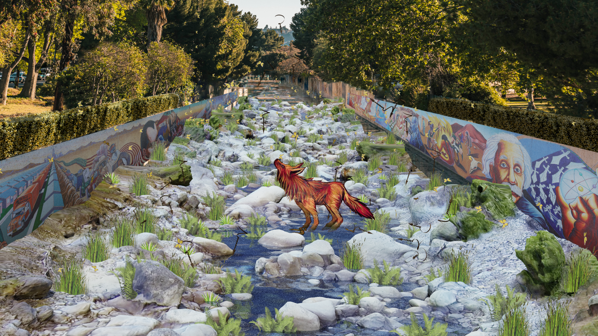 Judith F. Baca, The River Once Ran, 2022, in collaboration with LACMA × Snapchat: Monumental Perspectives, © Judith F. Baca, image courtesy of Snap Inc. Judith F. Baca © 1983, The Great Wall of Los Angeles, courtesy of the SPARC Archives: sparcinla.org