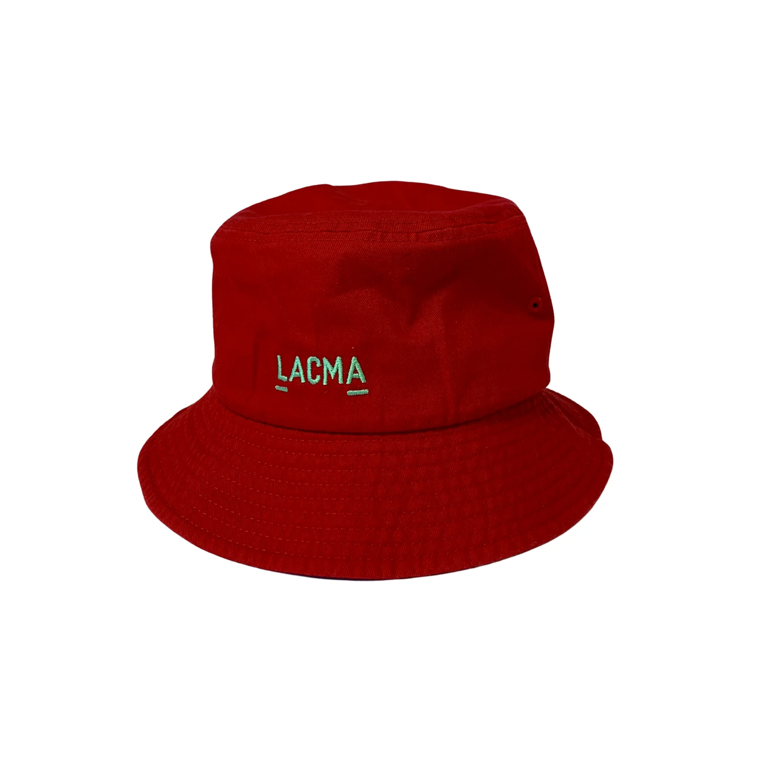 Red hat with green embroidery on front that says Los Angeles County Museum of Art