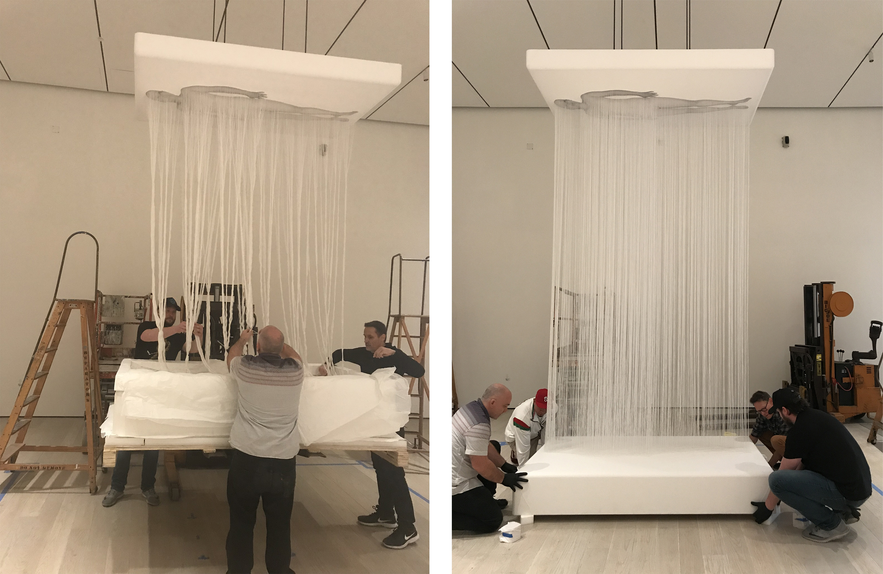 Preparators finishing the installation of Lin Tianmiao’s Day-Dreamer