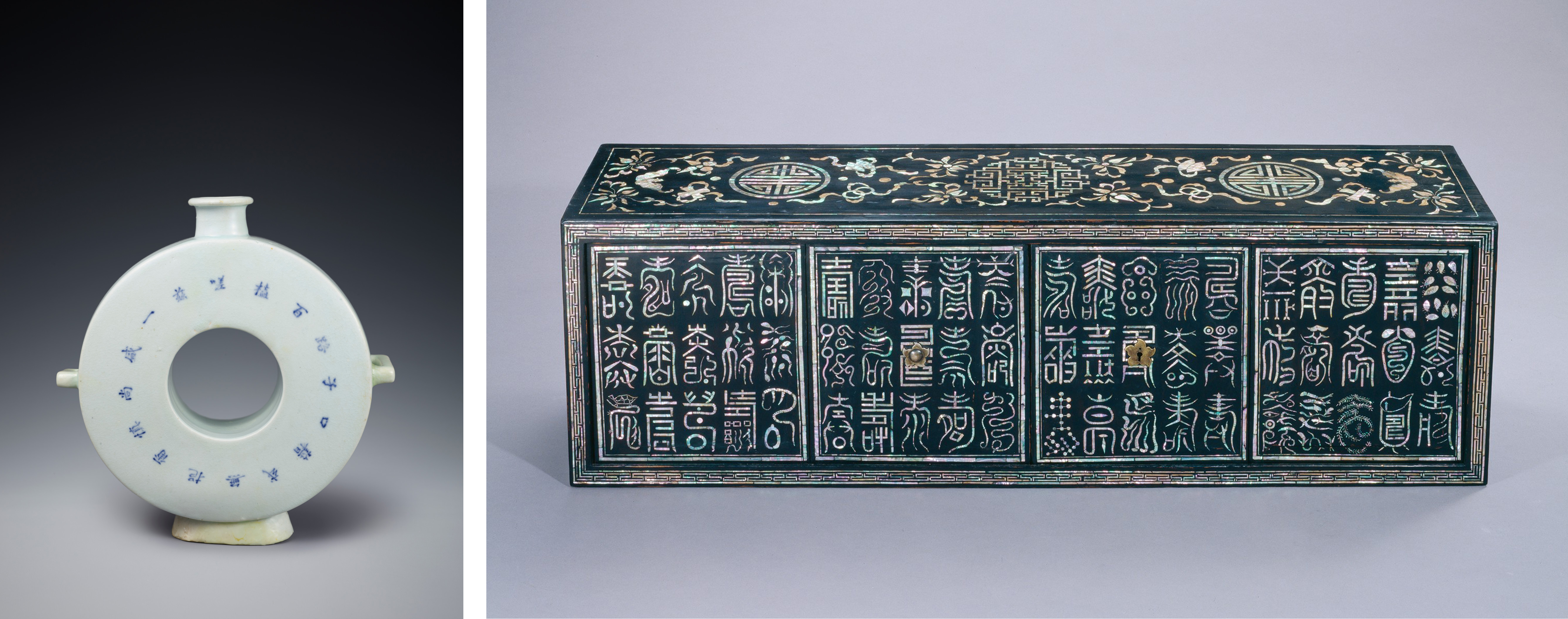 Left: Unknown, White porcelain flat bottle with poem, Korean, 18th–19th century, Leeum, Samsung Museum of Art, photo courtesy Leeum, Samsung Museum of Art; Right: Unknown, Lacquered Chest with Mother of Pearl, Korean, 1392–1897, National Museum of Korea, Korea, Seoul (duk001835), photo courtesy National Museum of Korea