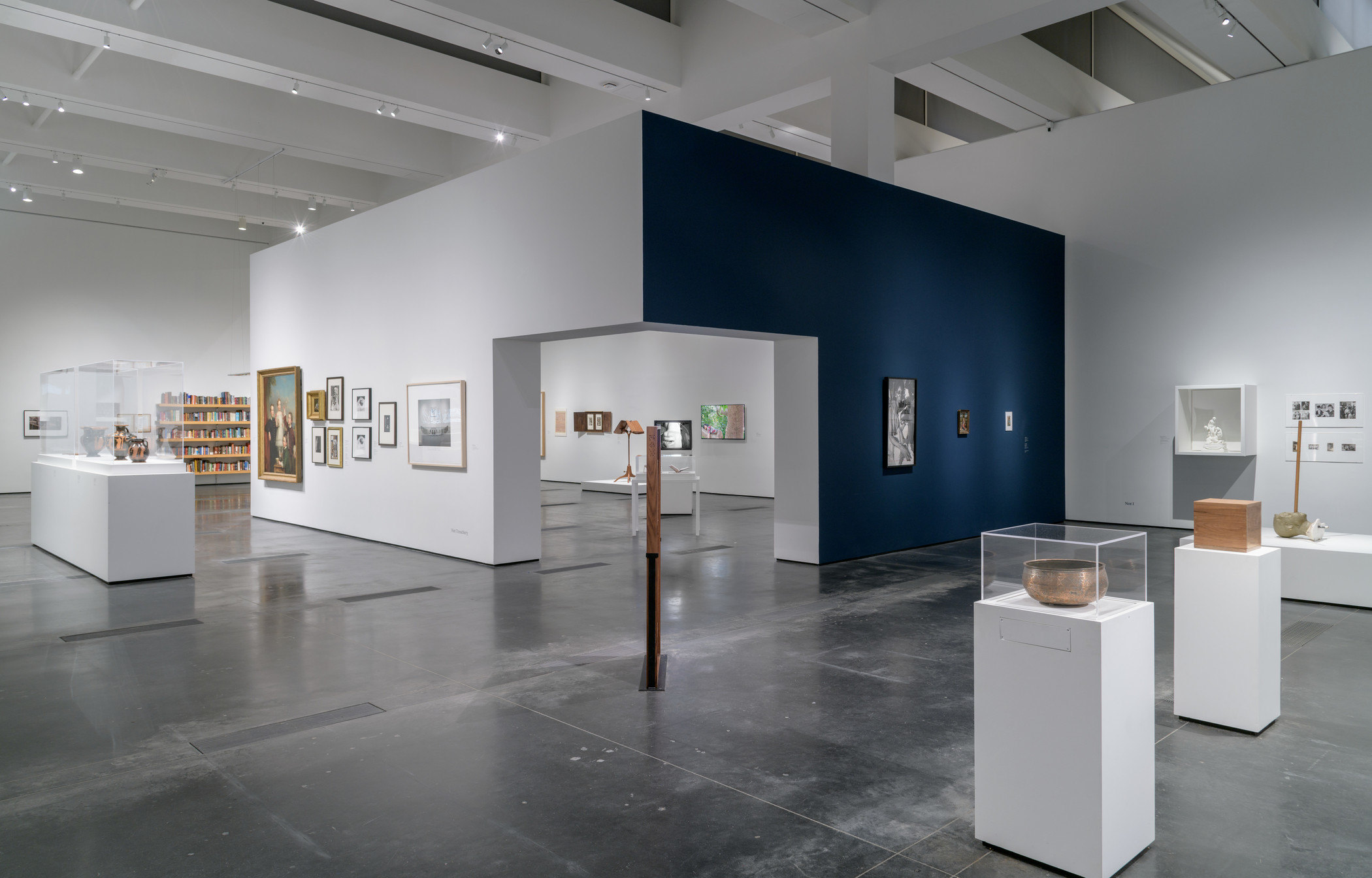 An enclosed gallery is in the center, one wall of which is dark blue, and brown sculpture is in the center of the image, with framed artwork on the walls and objects in vitrines and pedestals