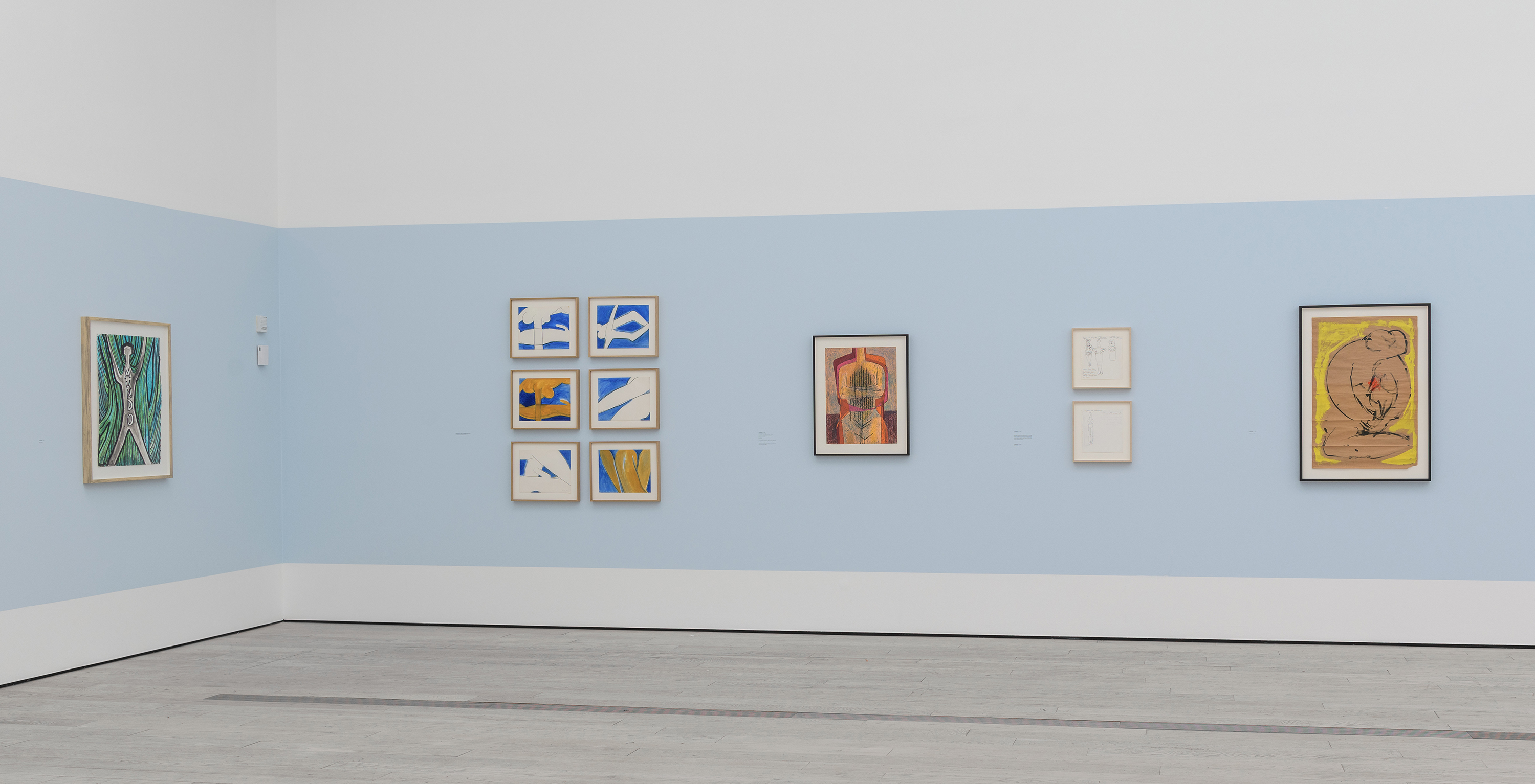 Installation photograph, Luchita Hurtado: I Live I Die I Will Be Reborn, Los Angeles County Museum of Art, 2020, art © Luchita Hurtado, photo © Museum Associates/LACMA. Works by Hurtado featuring figures and figure relationships, spanning a period of seven decades.