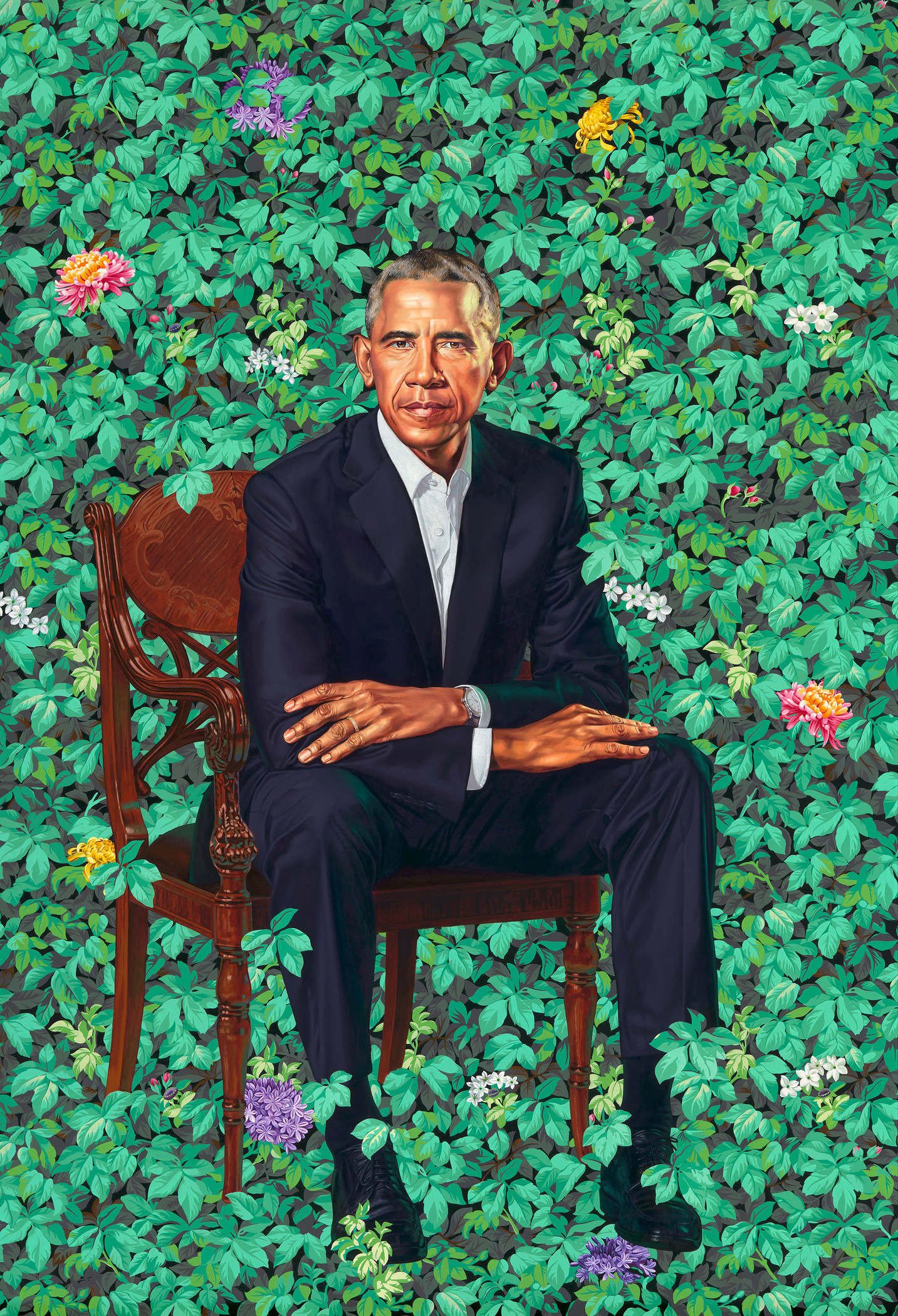 Kehinde Wiley, Barack Obama, 2018, National Portrait Gallery, Smithsonian Institution © 2018 Kehinde Wiley. The National Portrait Gallery is grateful to the generous donors who made these commissions of the Obama Portraits possible and proudly recognizes them at npg.si.edu/obamaportraitstour. Support for the national tour has been generously provided by Bank of America.