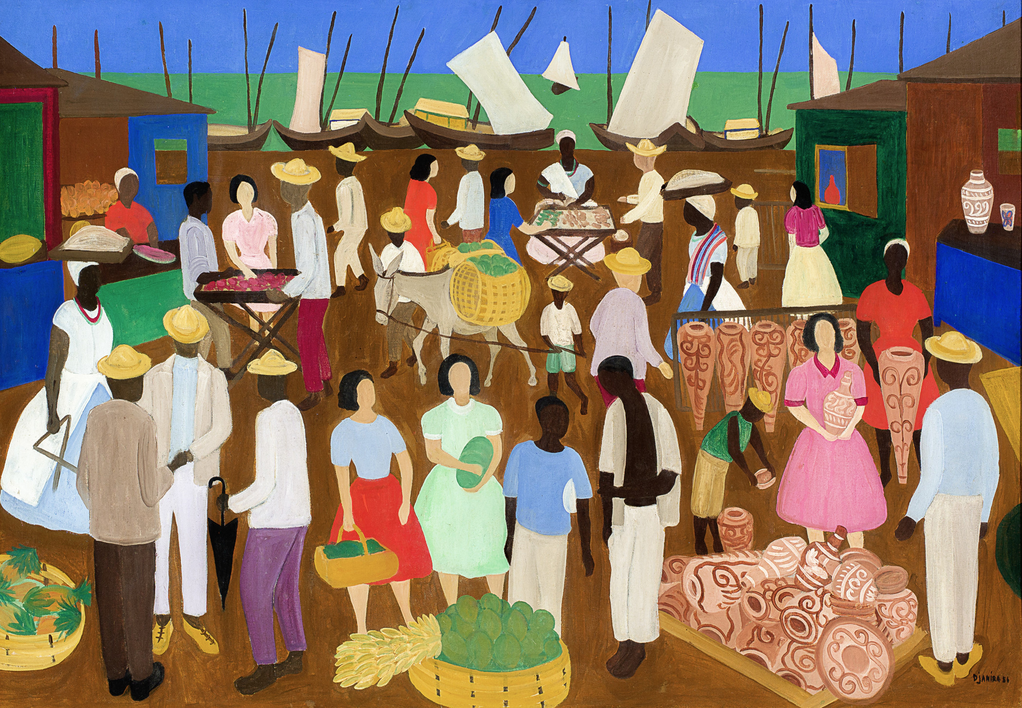 Colorful painting of outdoor market with goods and people, with ocean and boats in the background