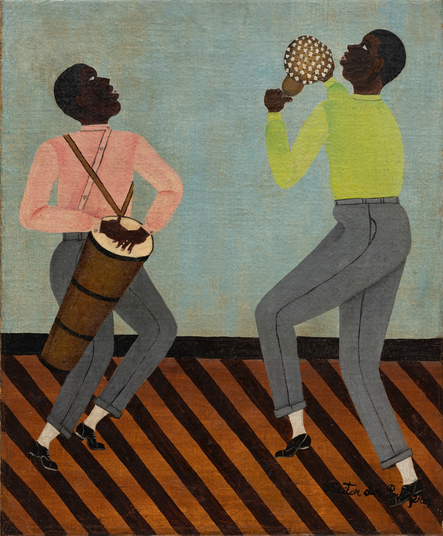 Painting of two Black figures dancing with instruments