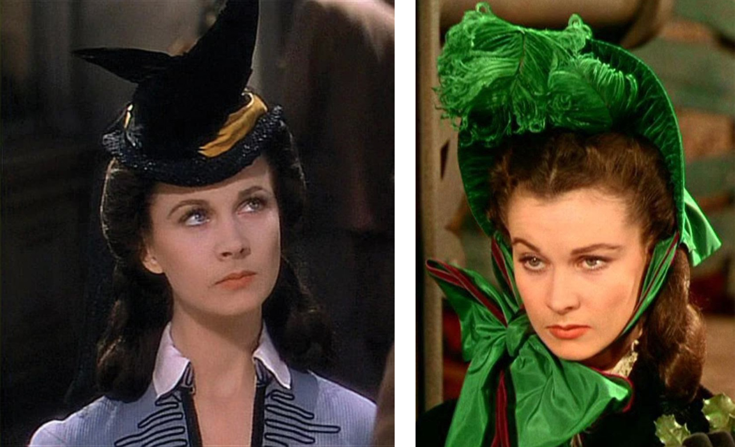 Two stills from film Gone with the Wind, showing actor Vivien Leigh wearing a black hat and a green hat with a feather on top, with a big bow tied under her chin 