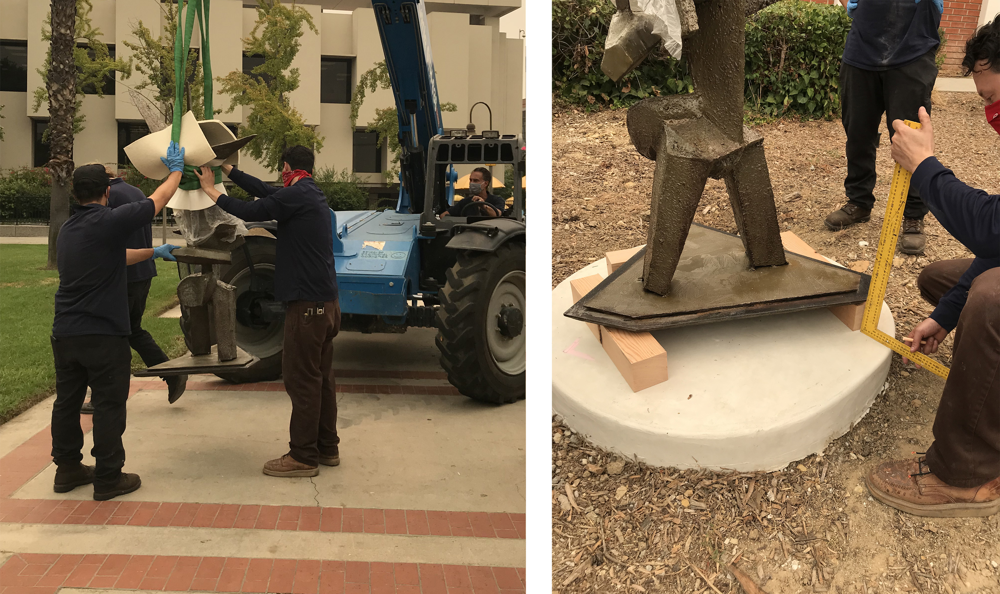 Installing Bernard Zimmerman's John Henry (1957), at California State University, Los Angeles, September 2020, Los Angeles County Museum of Art, gift of Rose Barlow, © Bernard Zimmerman