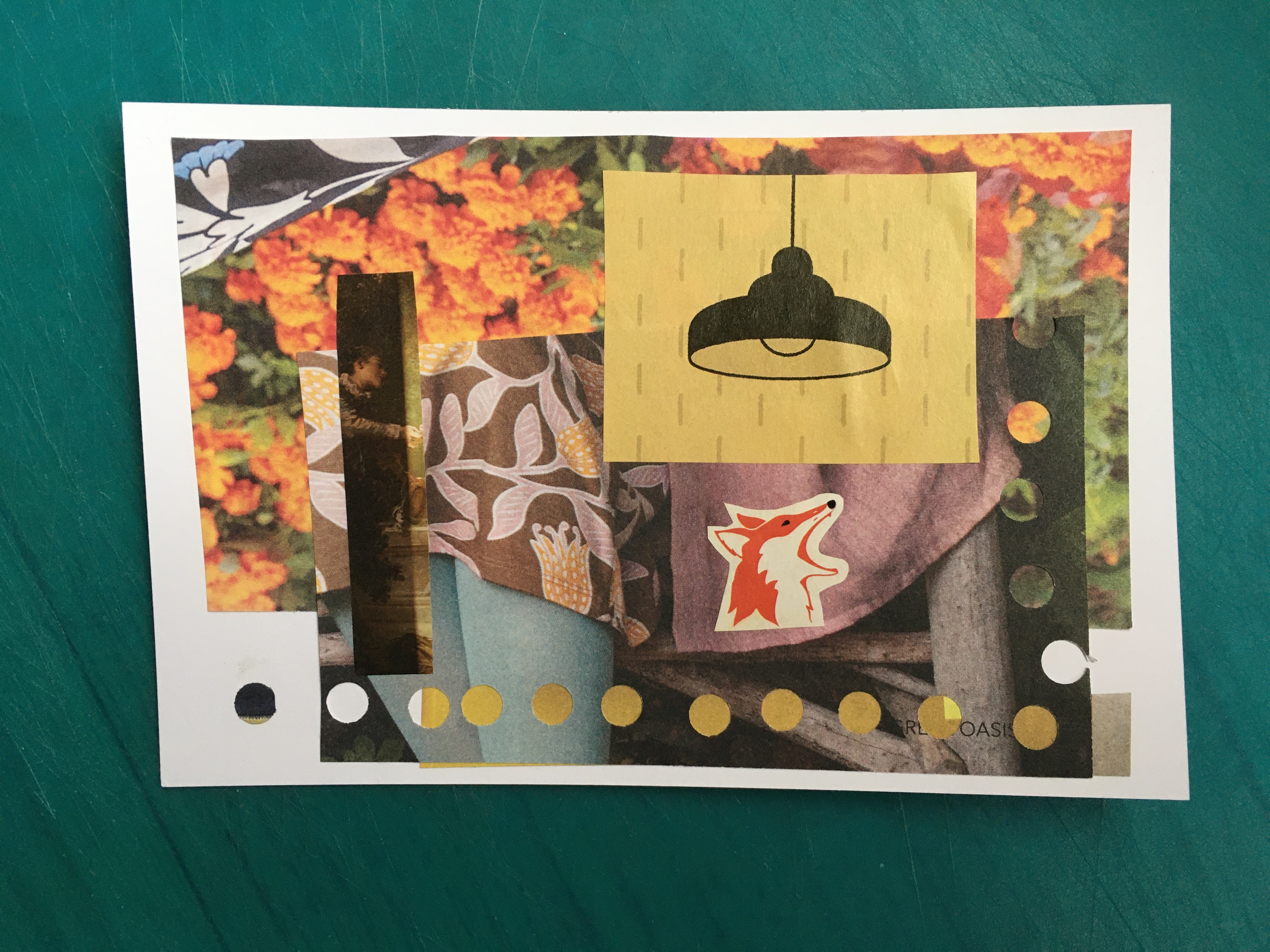 collaged postcard with an image of lamp and fox