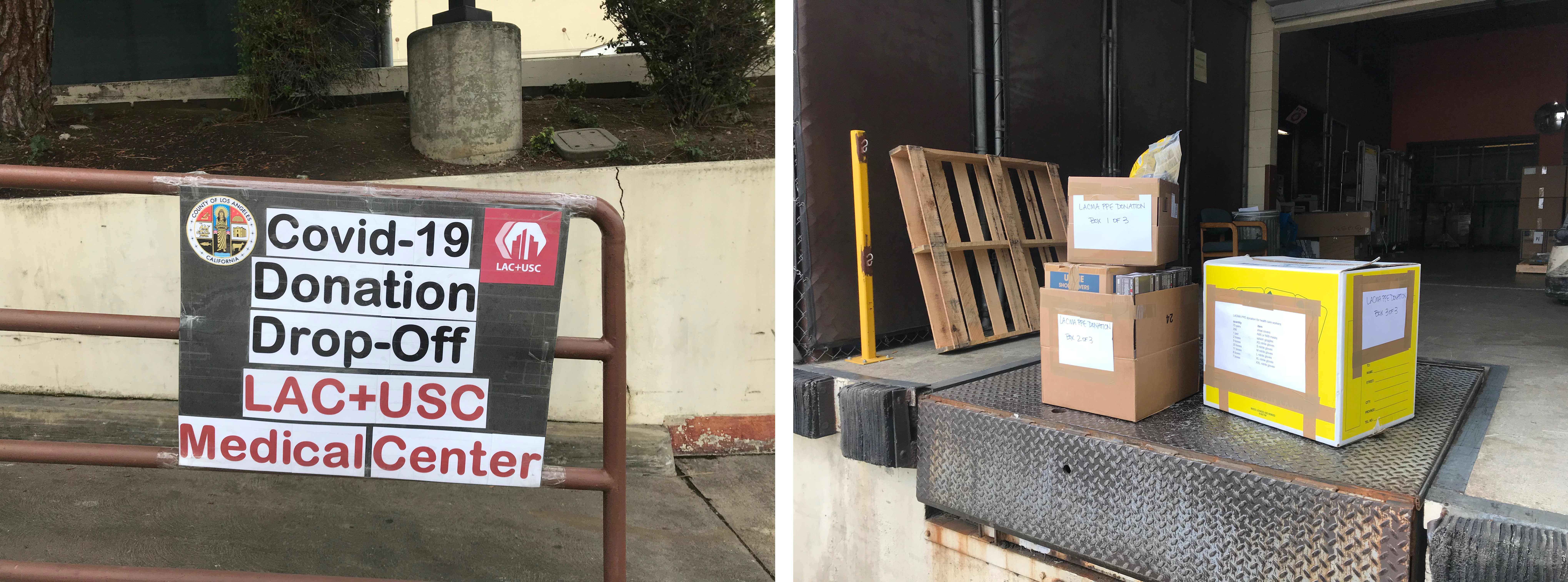 Left: Sign marking drop-off location. Right: Our donation received at the hospital loading dock.
