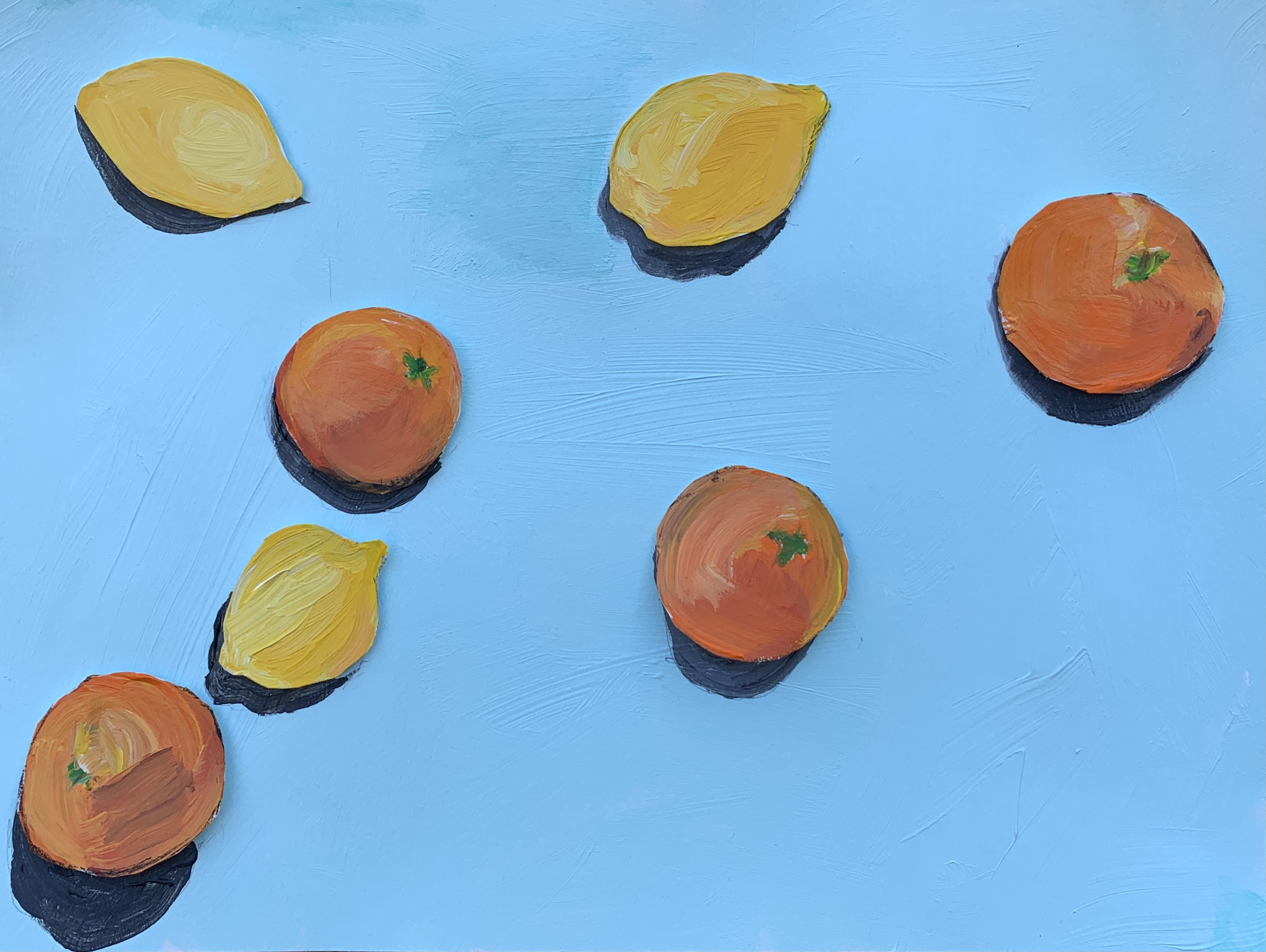 Painting of oranges and lemons on blue background