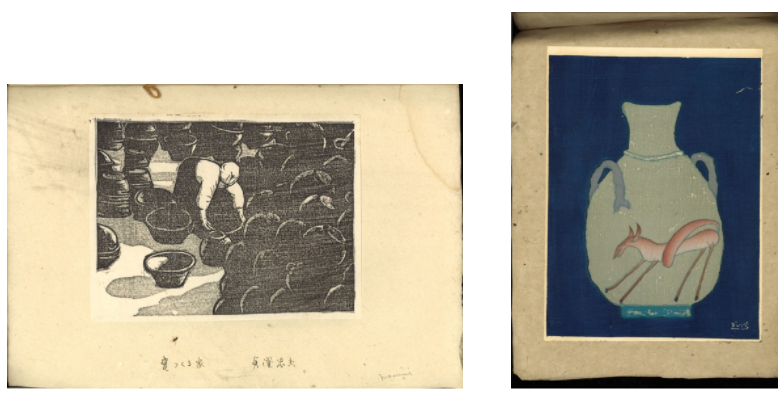 Print of a figure bending over ceramics and a painting of a jar
