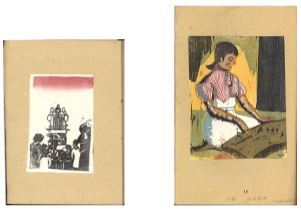 Print of a festival and a print of a person playing koto