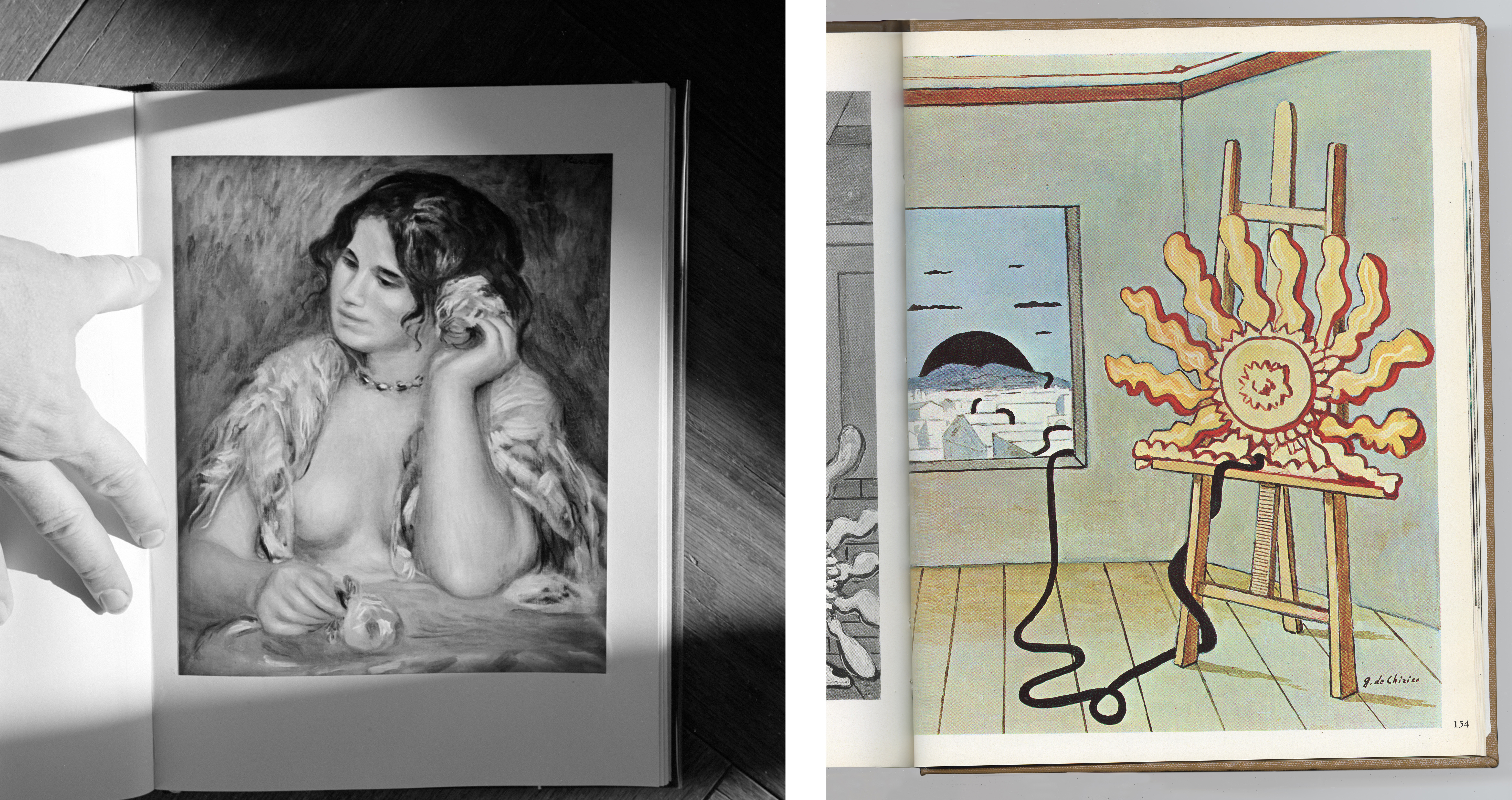 Left (LACMA selection): Sanford Roth, Pierre-Auguste Renoir Pictures, c. 1946–62, Los Angeles County Museum of Art, Beulah Roth Bequest, digital image © Museum Associates/LACMA; Right (Artist work): Juliana Halpert, g. de Chirico, 2020, photo courtesy of the artist