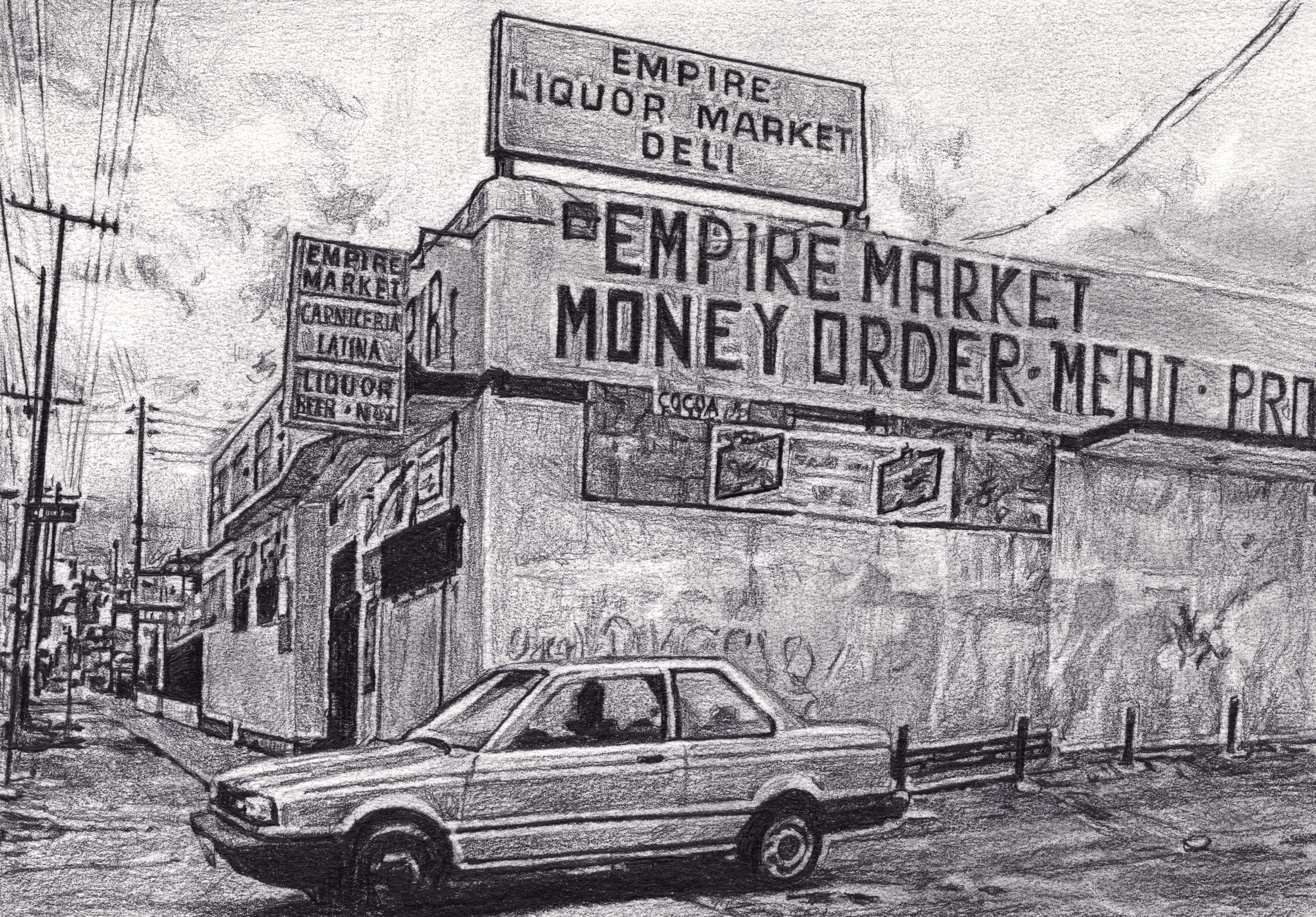 Black and white drawing of a corner market and a car out front