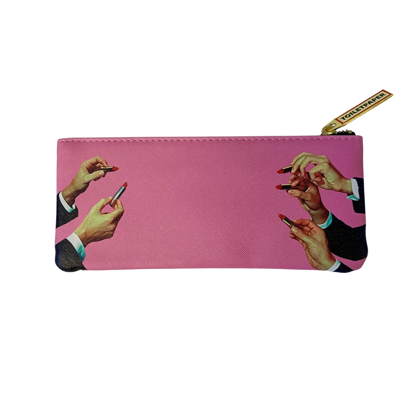 rectangular pink zip case with five hands holding lipsticks