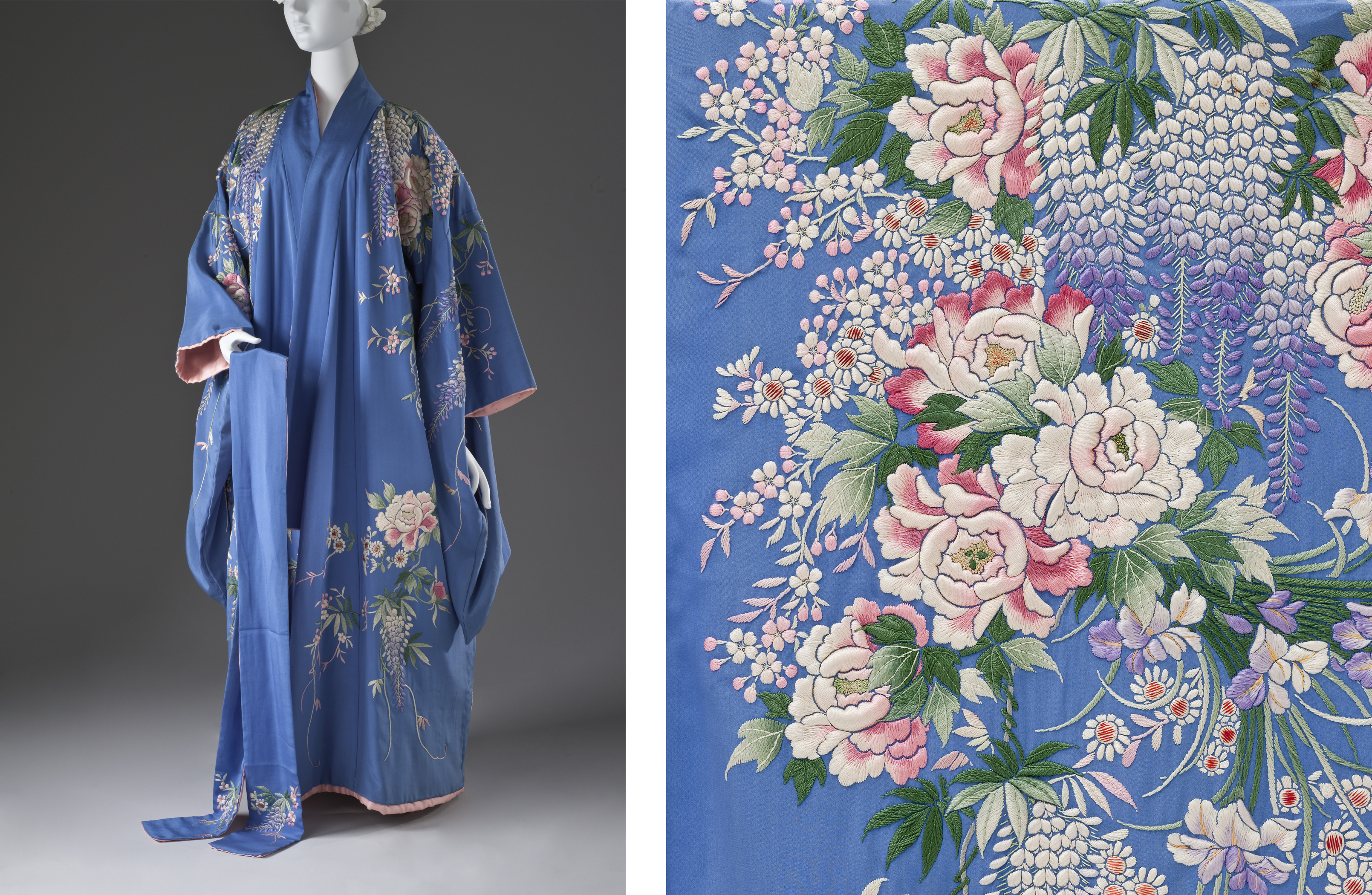 Woman's Dressing Gown (left: overall; right: detail), Japan for the Western market, late 19th–early 20th century, Los Angeles County Museum of Art, gift of Harry C. Dellar in memory of Muriel "Mitzie" and Janice Dellar, photos © Museum Associates/LACMA
