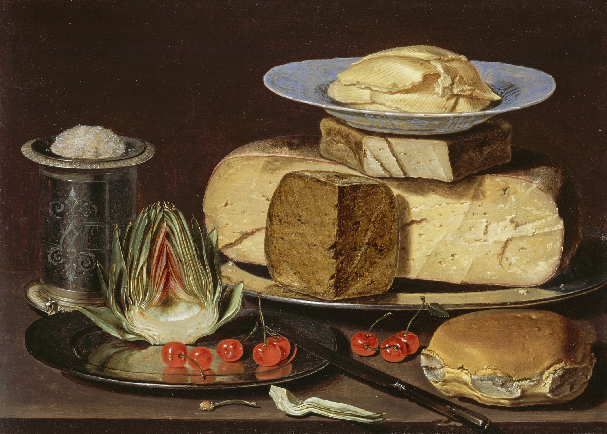 Painting of bread, cheese, fruit piled together against a brown background