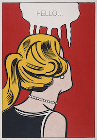 Painting of the back of a woman's head with the word "Hello..." in a speech bubble